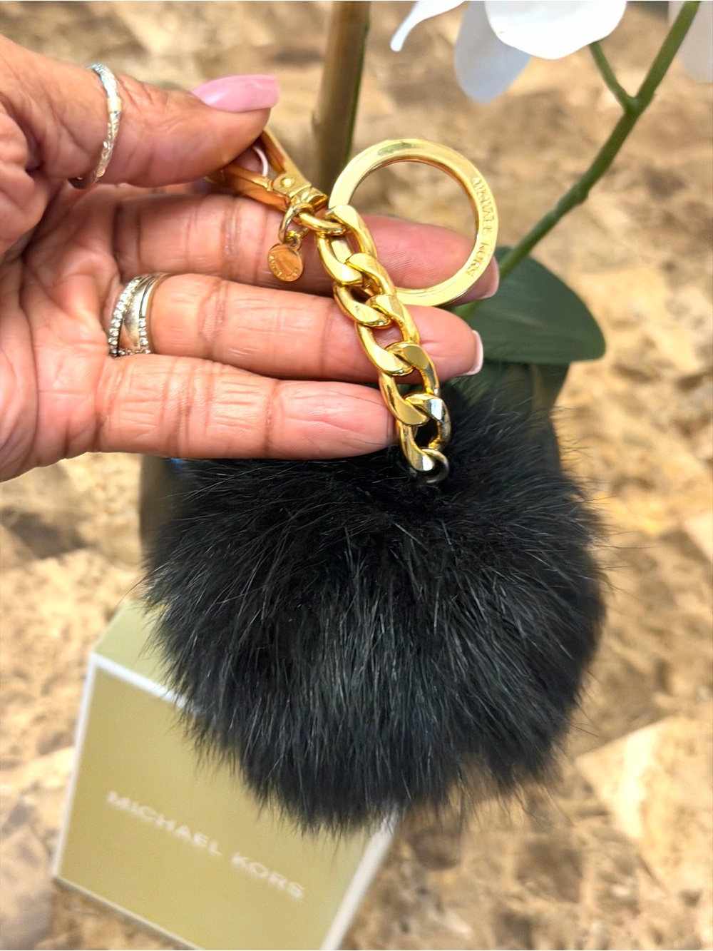 New Michael Kors Black Fur Pom Pom Bag Charm Key Ring with Gold Hardware - Picture 3 of 6